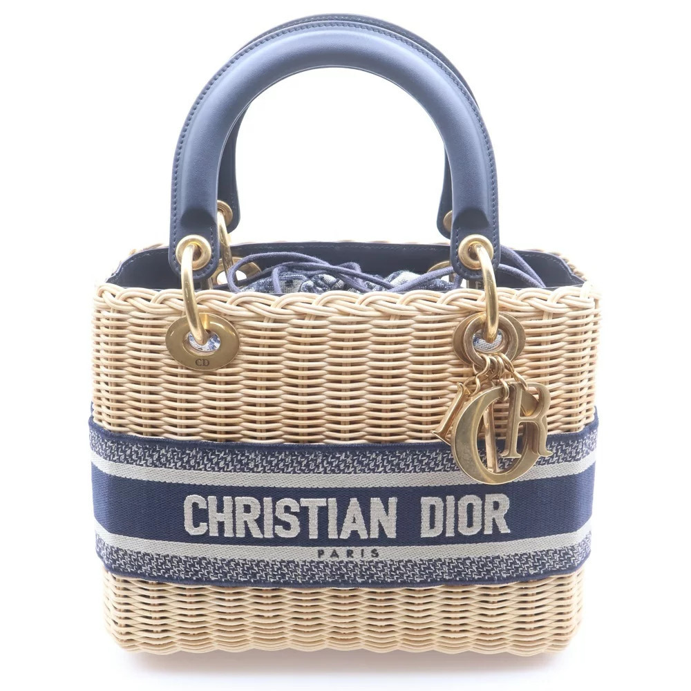 Christian Dior Lady Wicker Handbag Shoulder Bag Beige Navy Blue Raffia